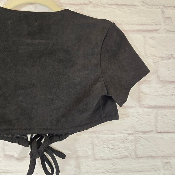 M Adika Black Tie-Front Crop Top NWT Size XS Wrap Around Cardigan Suede Soft - Picture 6 of 8